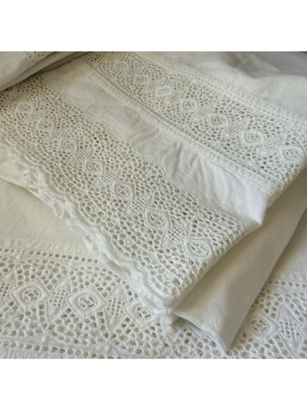 Vintage White 1 King Bedsheet And 2 King Shams Pillowcases Crochet Lace Borders - Picture 3 of 16